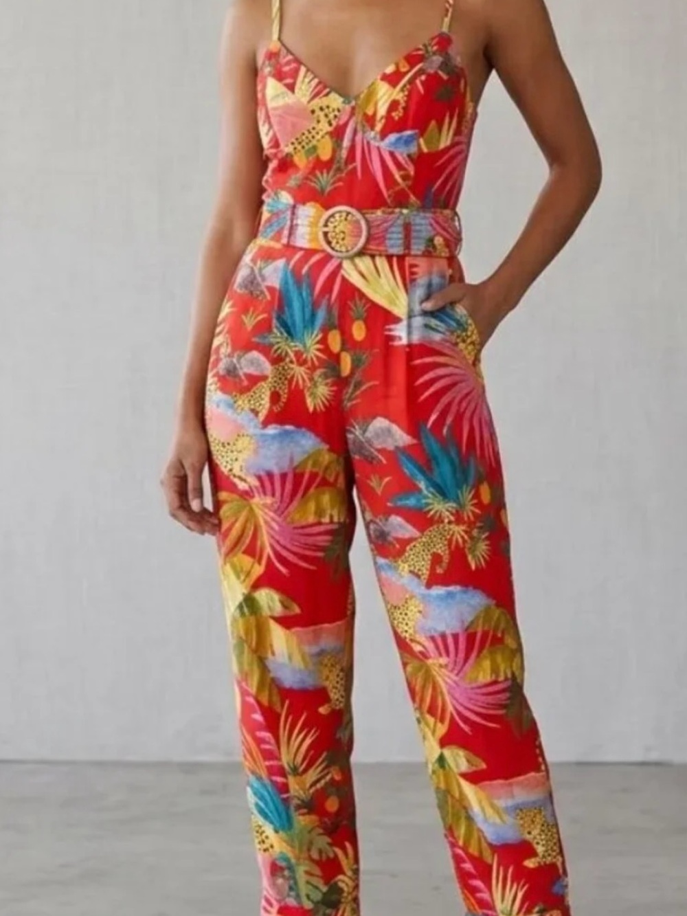FARM Rio Red Tropical-Print Spaghetti-Strap Jumpsuit with Belt